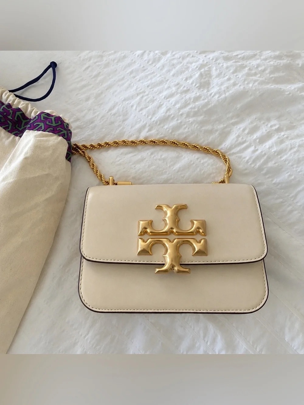 Tory Burch Cream Leather Crossbody with Gold Logo Chain